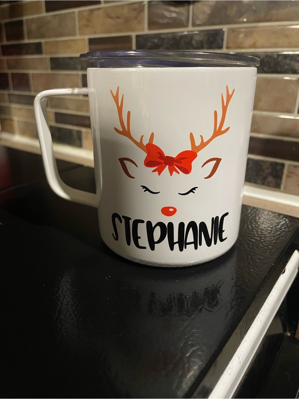 Personalized “Stephanie” Reindeer Mug with Lid – Never Used